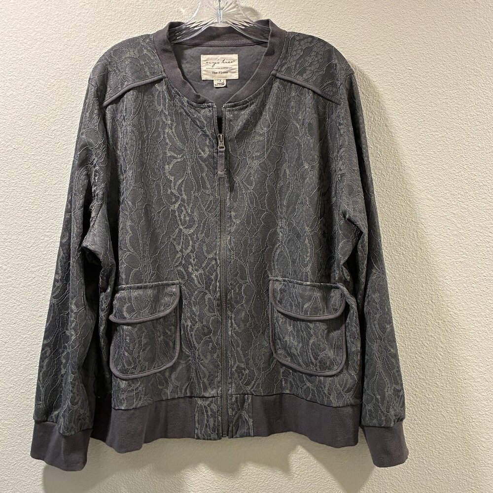 EVY'S TREE The Fiona Lace Gray Zip Front Bomber Style Long Sleeve Jacket 1X - Picture 2 of 13